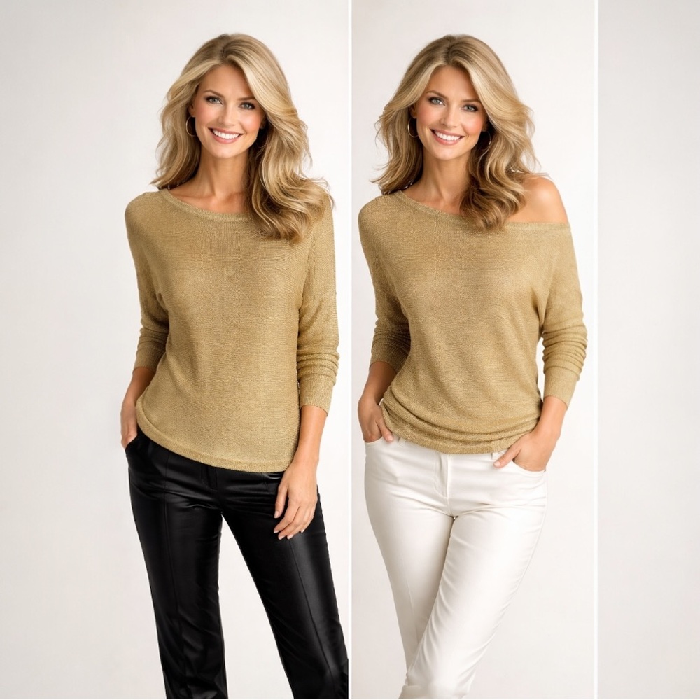 Boston Proper Gold Metallic Slouchy Long Sleeve Sweater NWOT